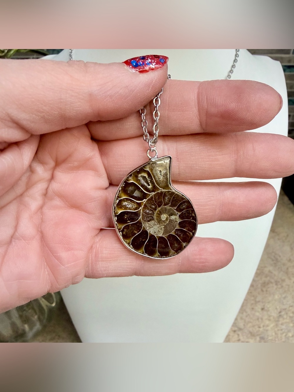 Ammonite Seashell Fossil Pendant Necklace